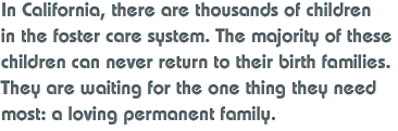 In California, there are thousands of children in the foster care system. The majority of these children can never return to their birth families. They are waiting for the one thing they need most: a loving permanent family.